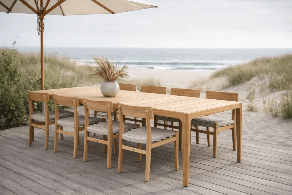 Teak lounge furniture and parasol on a guest terrace