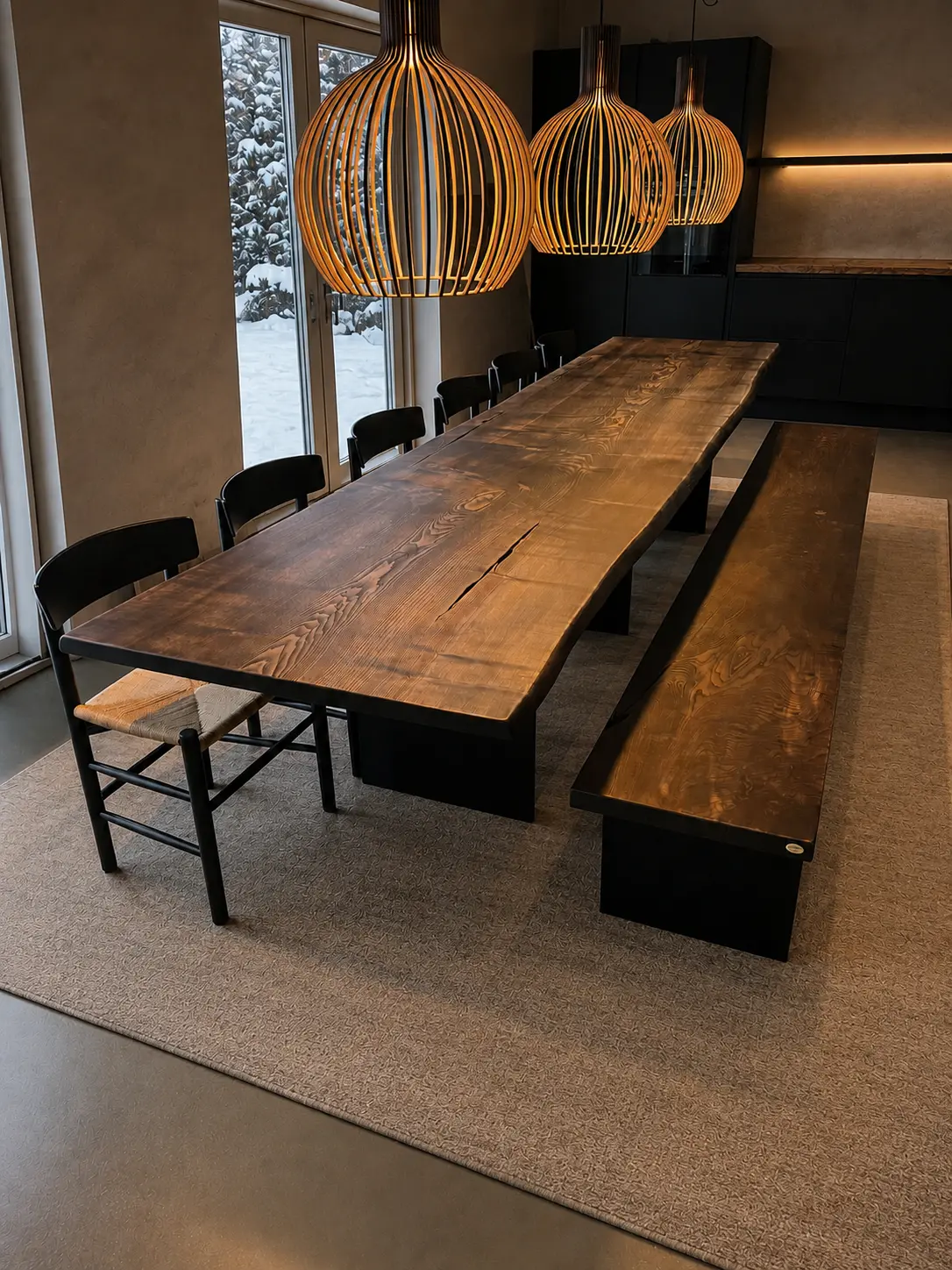 Langt plankebord med matchende bænk i et mørkt køkken