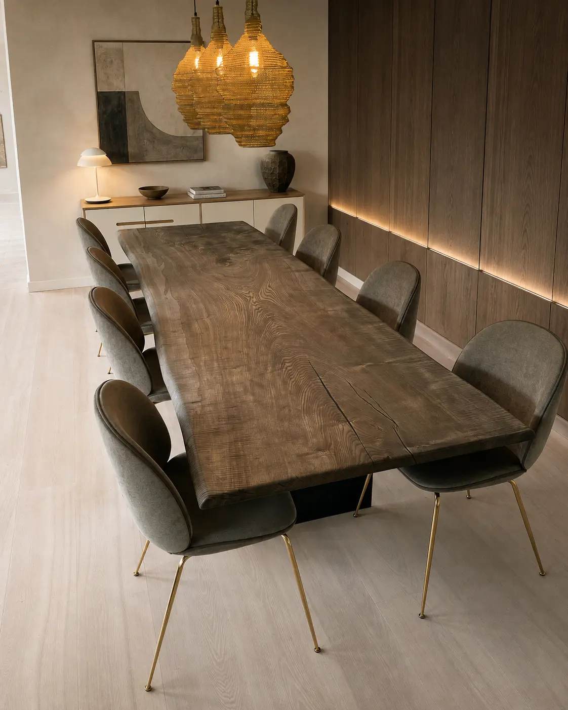Mørkt plankebord i en varm, arkitektonisk indretning
